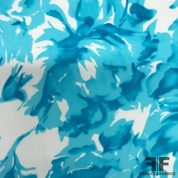 Tropical Floral Printed Crepe De Chine - Blue