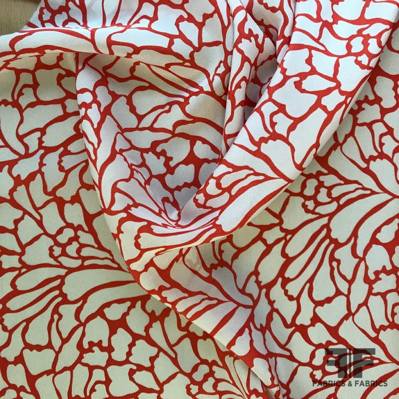 Abstract Silk Crepe de Chine - Red/Off-White
