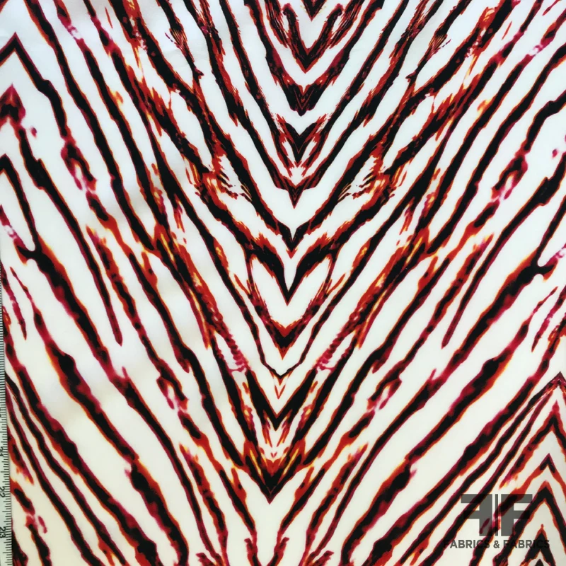 Abstract Zebra Print Washed Silk Crepe de Chine - White/Red/Orange/Black