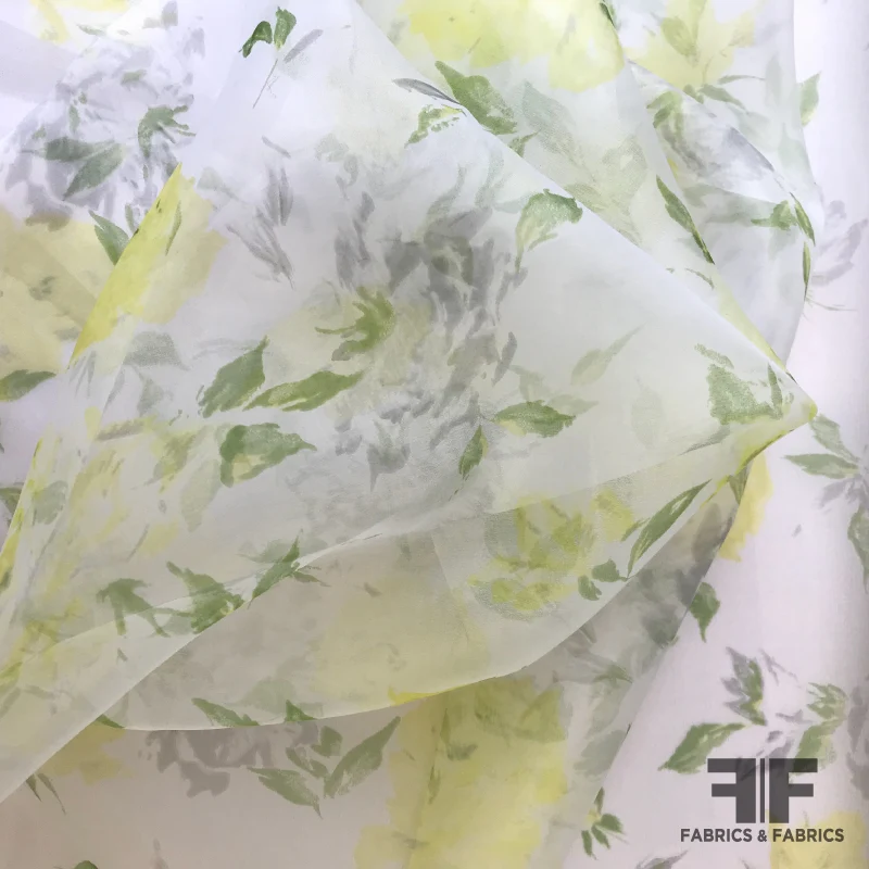 Floral Silk Organza - Sheer White/Yellow/Green