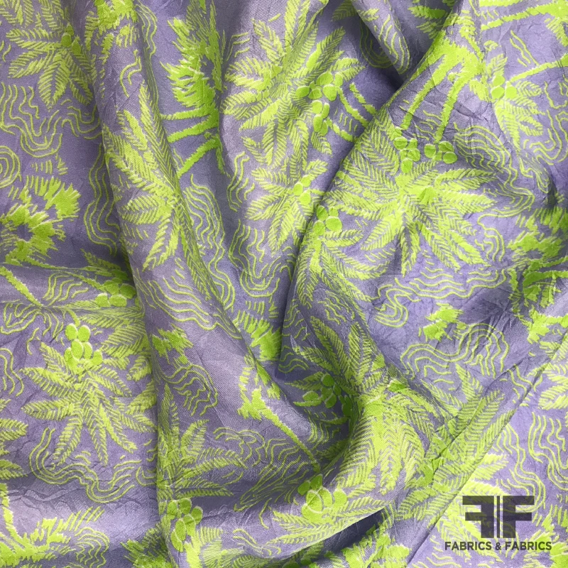 Tropical Printed Silk Crepe de Chine - Lavender/Lime Green