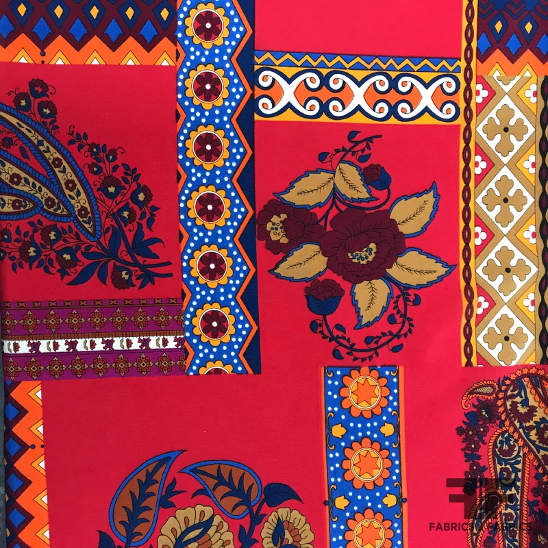 Patchwork Floral Silk Crepe de Chine - Red/Multicolor