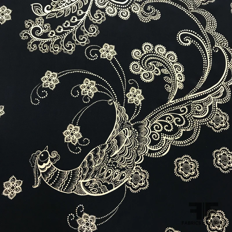 Borderprint Bird & Paisley Silk Crepe de Chine - Black/Taupe/Gold