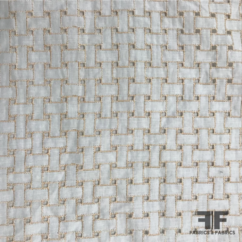 Italian Basketweave Eyelet Embroidered Cotton Lawn - White/Tan