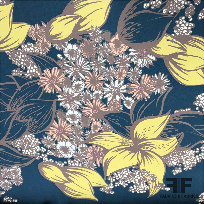 Floral Printed Georgette - Navy/Yellow/Pink/Taupe