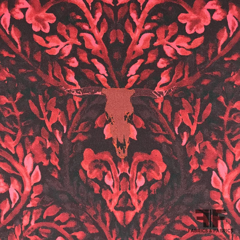 Silk Georgette Damask with Cow Skull Print - Red / Black