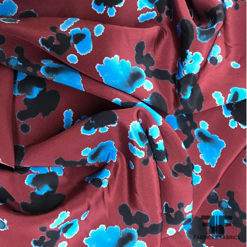 Abstract Painterly Splattered Silk Crepe de Chine - Burgundy/Black/Blue