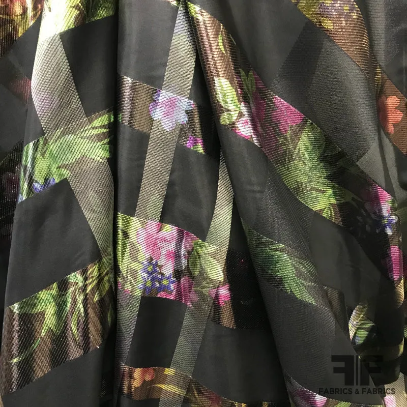 Italian Metallic Plaid Floral Silk Organza - Black/Multicolor