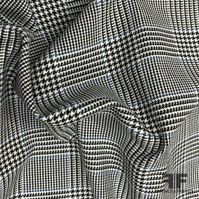 Italian Classic Glen Plaid Cotton Tweed - Black & White/Blue
