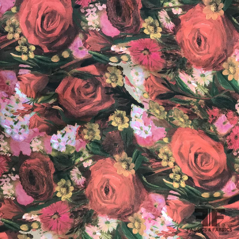 Italian Rose & Floral Printed Silk Georgette - Red