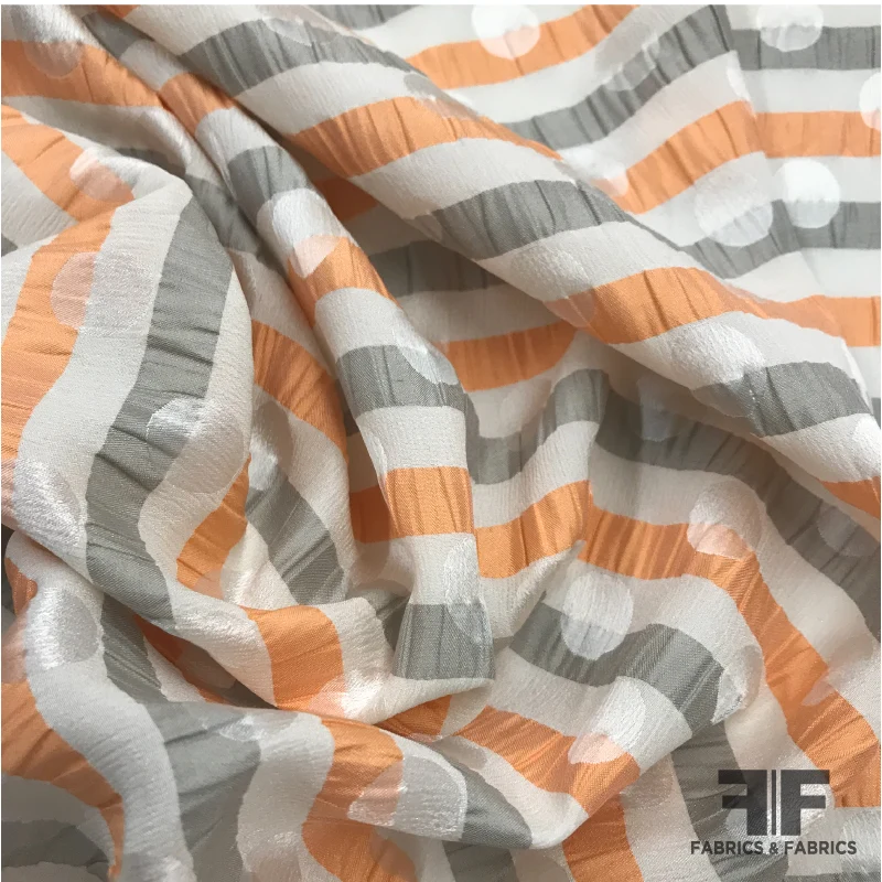 Striped Polka Dot Italian Silk Jacquard - Orange/Beige/White