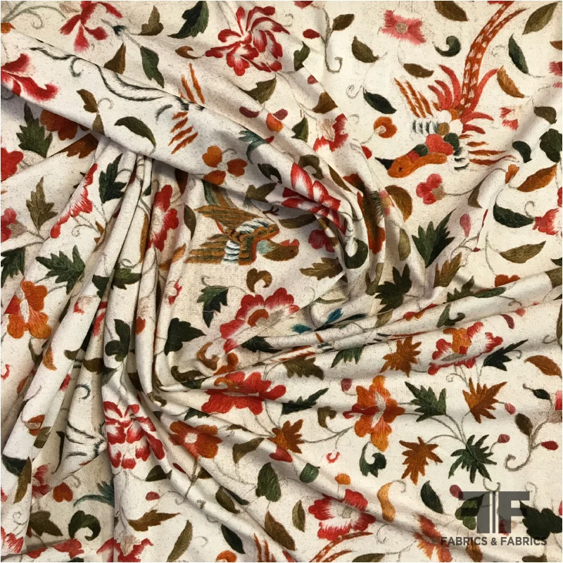 Birds in Paradise Printed Rayon Spandex Knit - Beige/Red/Orange