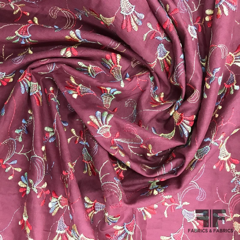Floral Embroidered Cotton Lawn - Burgundy