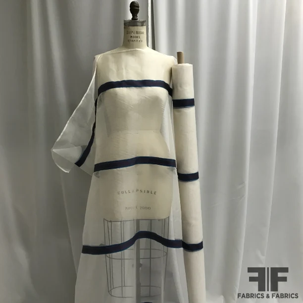 Novelty Striped Organza - Off-White/Teal/Maroon