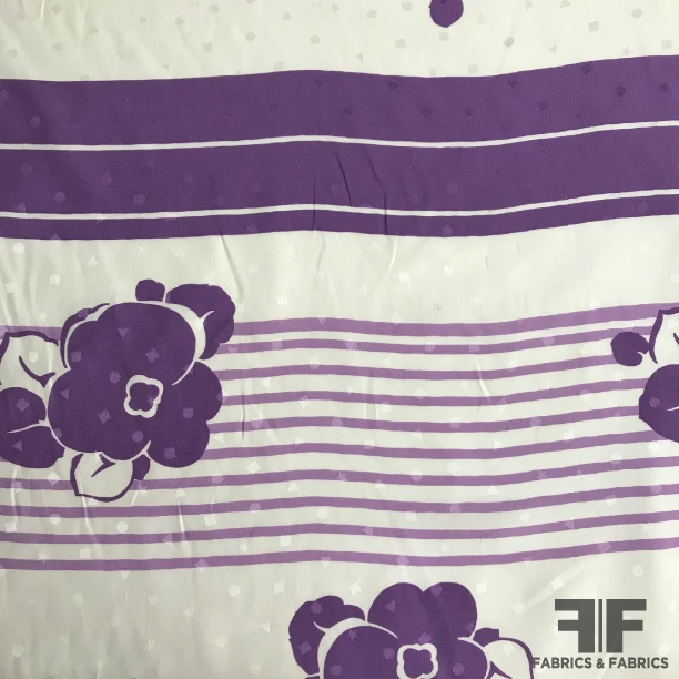 Floral and Striped Silk Jacquard - Purple/Off White