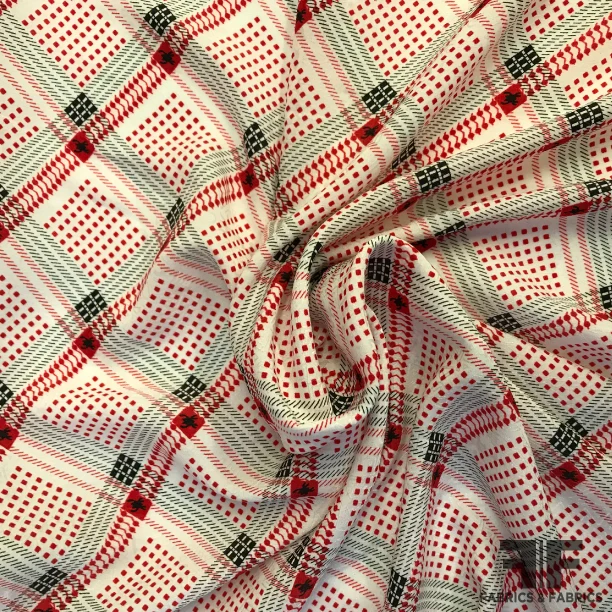 Plaid-Like and Polka Dot Printed Silk Jacquard - Red/Off White/Black