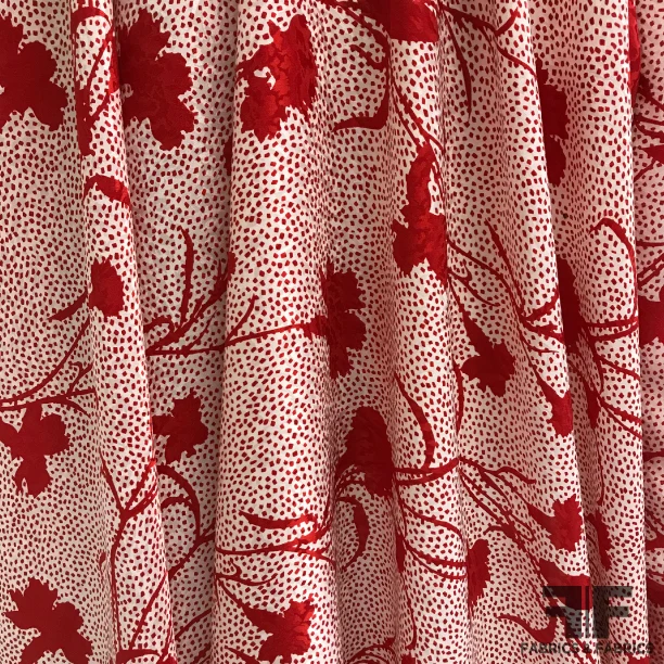 Floral and Polka Dot Printed Silk Jacquard - Red/Off White