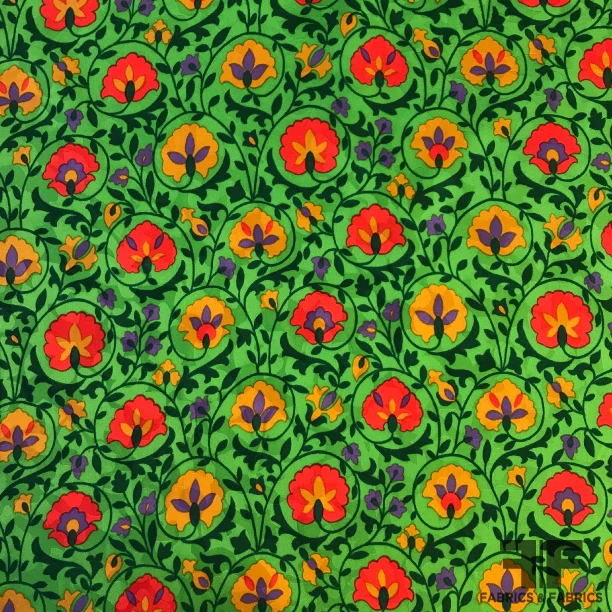 Floral Printed Silk Jacquard - Green/Red/Yellow