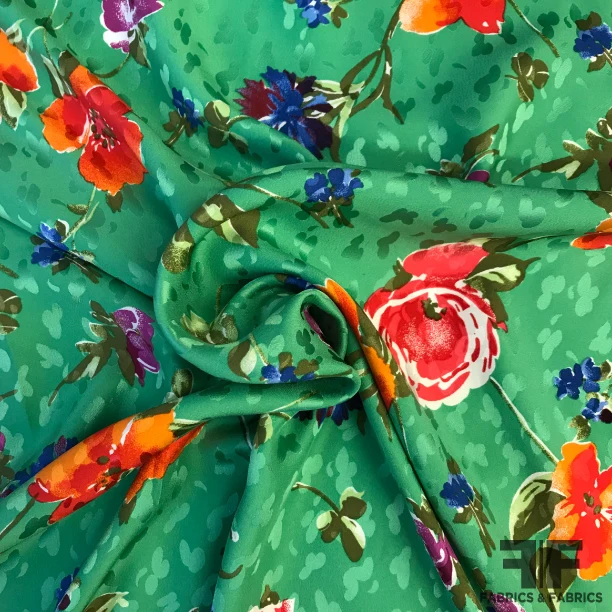 Floral Printed Silk Jacquard - Green/Multicolor