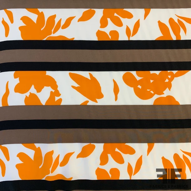 Striped Abstract Silk Crepe de Chine - Orange/Brown