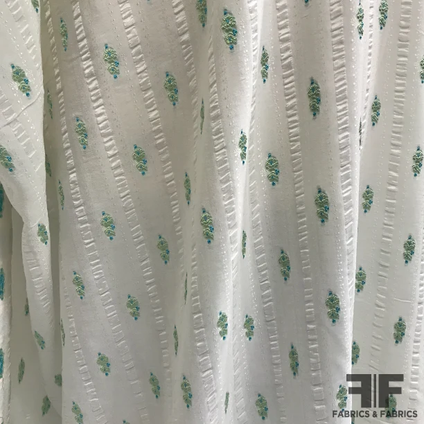 Italian Floral Silk Plissé - Off White/Green/Blue