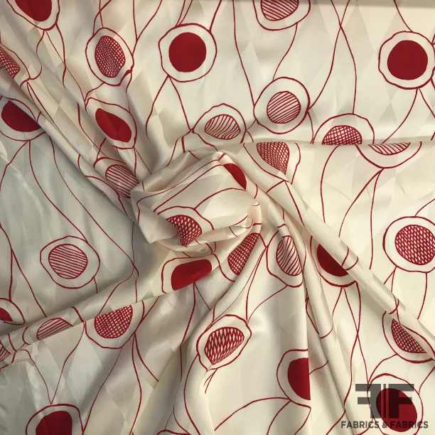 Circles on Vines Printed Silk Jacquard - Ivory / Red