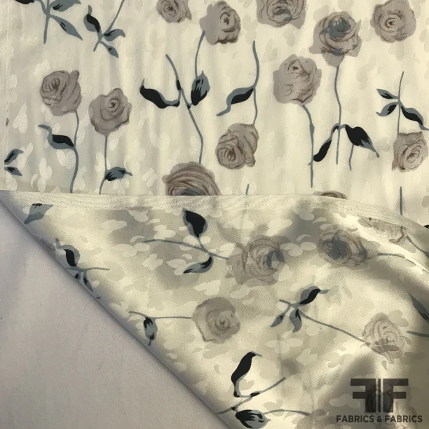 Rose Floral Printed Silk Jacquard - Off White / Pale Lavender
