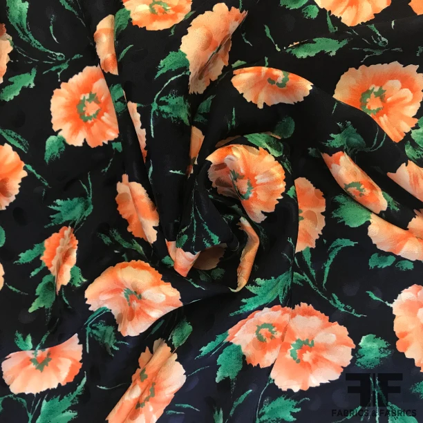 Floral Printed Silk Jacquard - Midnight Blue/Peach/Green