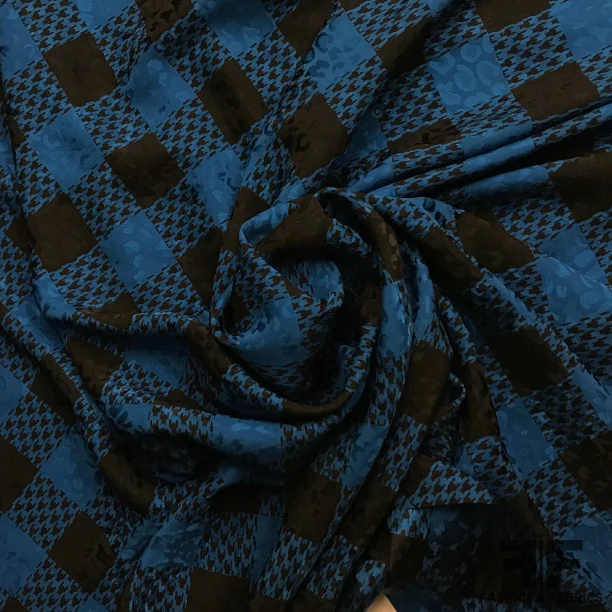 Gingham Houndstooth Printed Silk Jacquard - Black/Blue