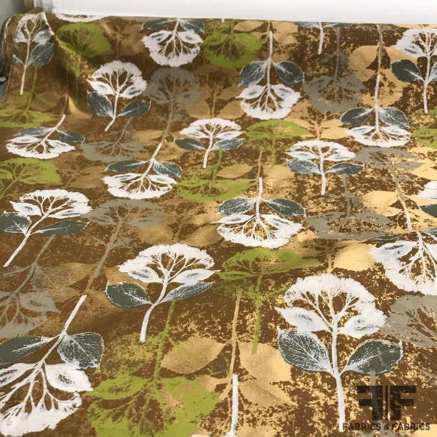 Italian Floral Printed Silk Taffeta - Gold/Green/White