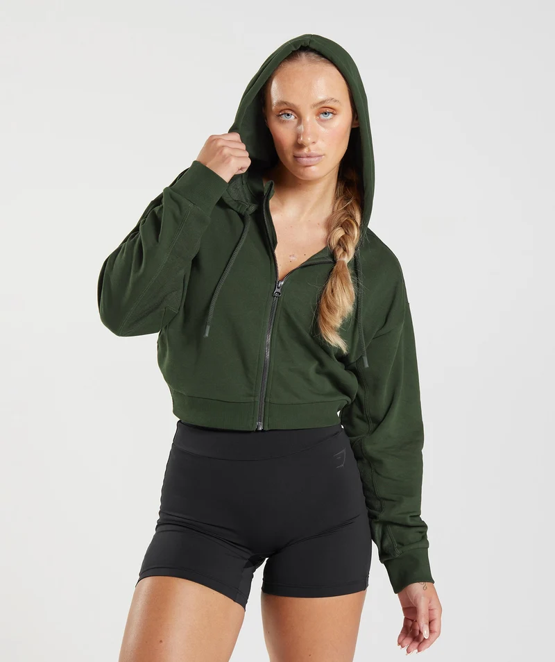 Gymshark GS Power Crop Zip Hoodie - Moss Olive