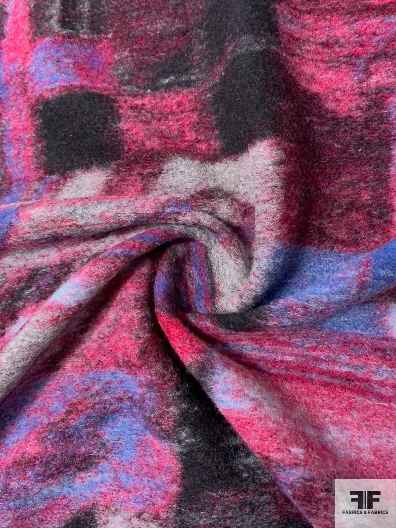 Italian Abstract Art Collector Felty Wool Coating - Magenta / Periwinkle / Black / Grey