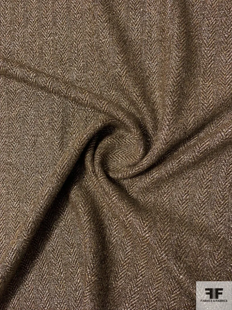 French Ralph Lauren Silver Foil Printed Herringbone Wool Suiting - Brown / Caramel / Silver / Gold