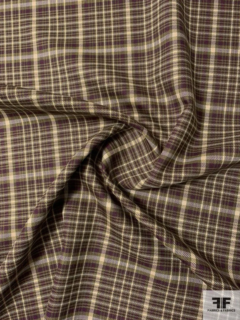 Italian Double-Faced 2-Ply Plaid Stretch Wool Blend Suiting - Army Green / Grape Purple / Beige