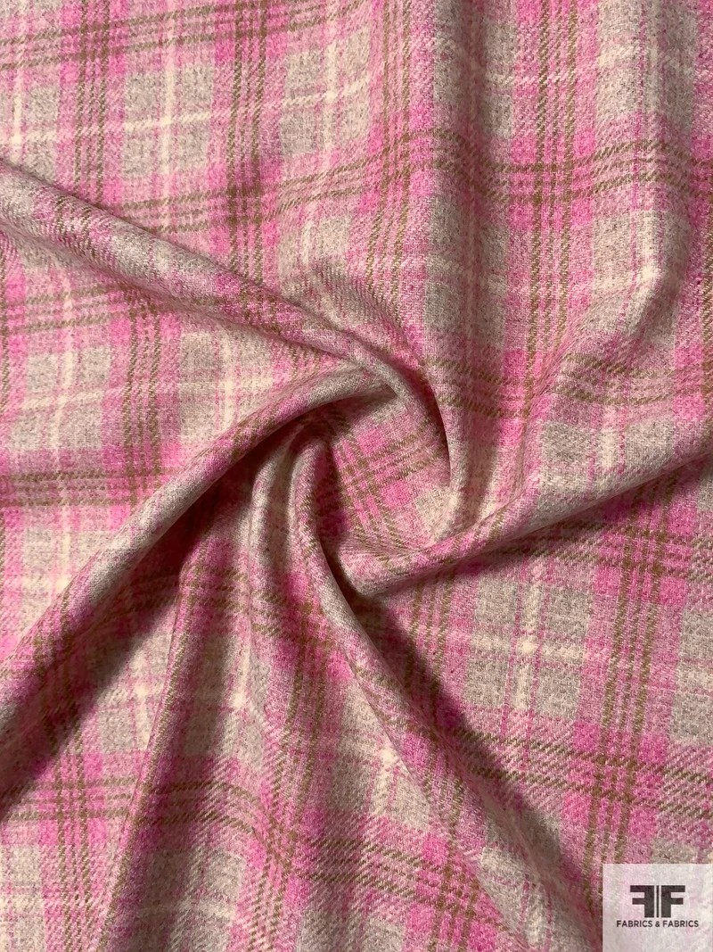Classic Plaid Jacket Weight Wool Suiting - Pink / Oatmeal / Olive Green