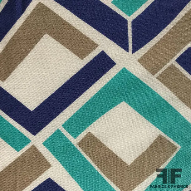 Geometric Silk Twill - Beige/Navy/Teal