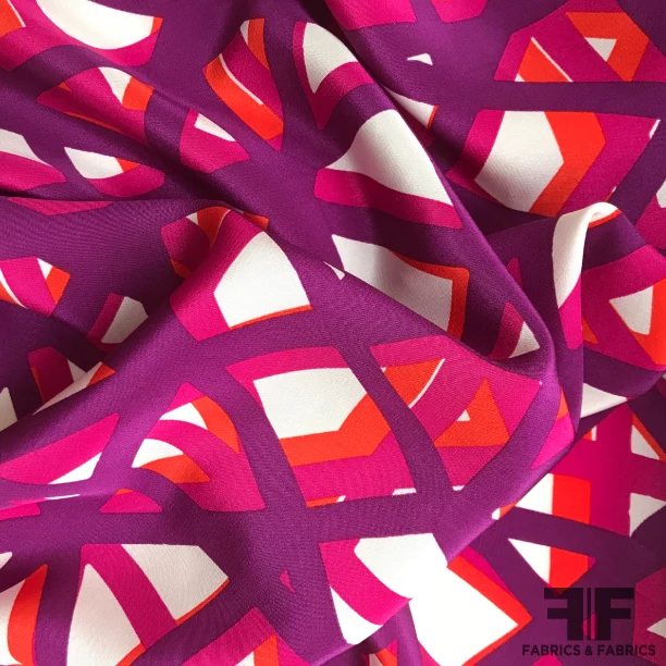 Intersecting Lines Geometric Printed Silk Crepe de Chine - Purple/Orange