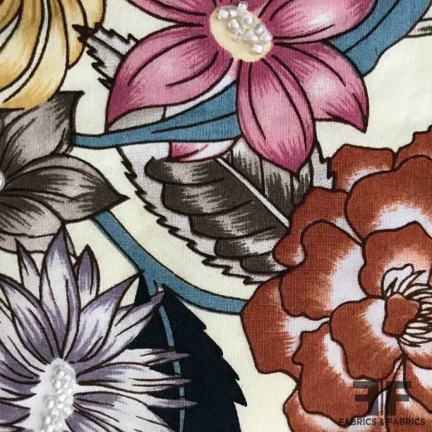 Novelty Floral Cotton Lawn with Sewn on Beads - Multicolor