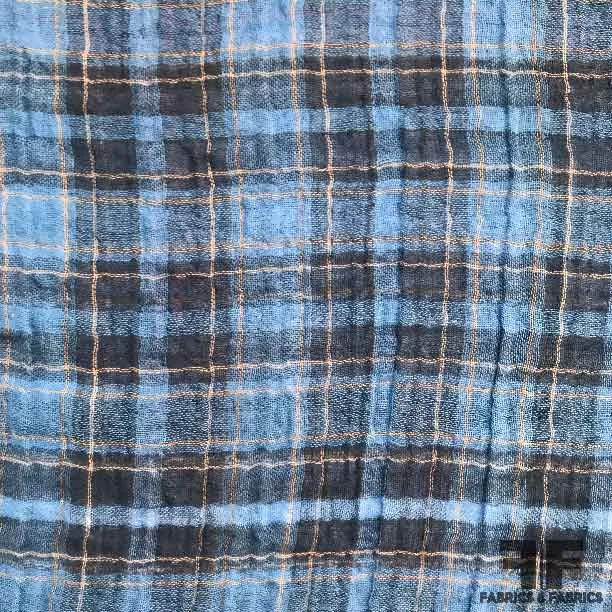 Plaid Wrinkled Cotton Gauze Shirting - Blue/Orange