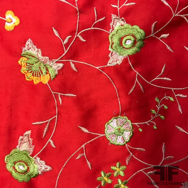 Bold Floral Embroidered Cotton - Red