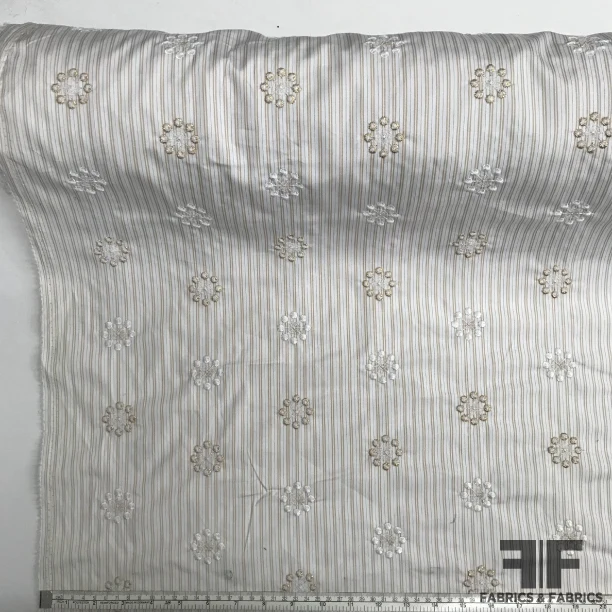Striped & Embroidered Cotton Shirting - Beige/Gold