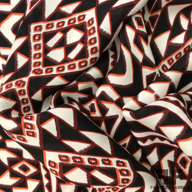 Geometric Printed Silk Georgette - Black/White/Orange