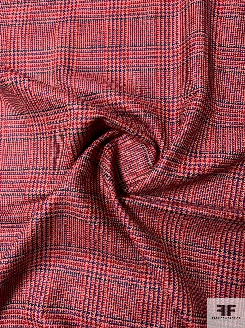 Italian Glen Plaid Jacket Weight Wool Suiting - Red / Pink/ Purple