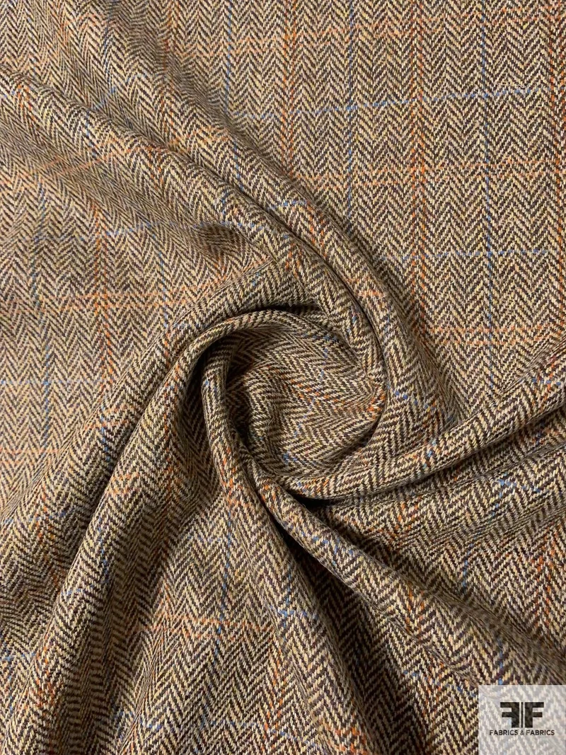 Italian Herringbone Plaid Jacket Weight Donegal Wool Suiting - Brown / Orange / Blue / Beige