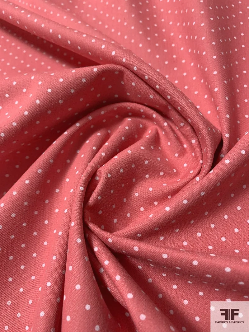Pin Dot Printed Lightweight Stretch Cotton Denim - Dark Salmon / White