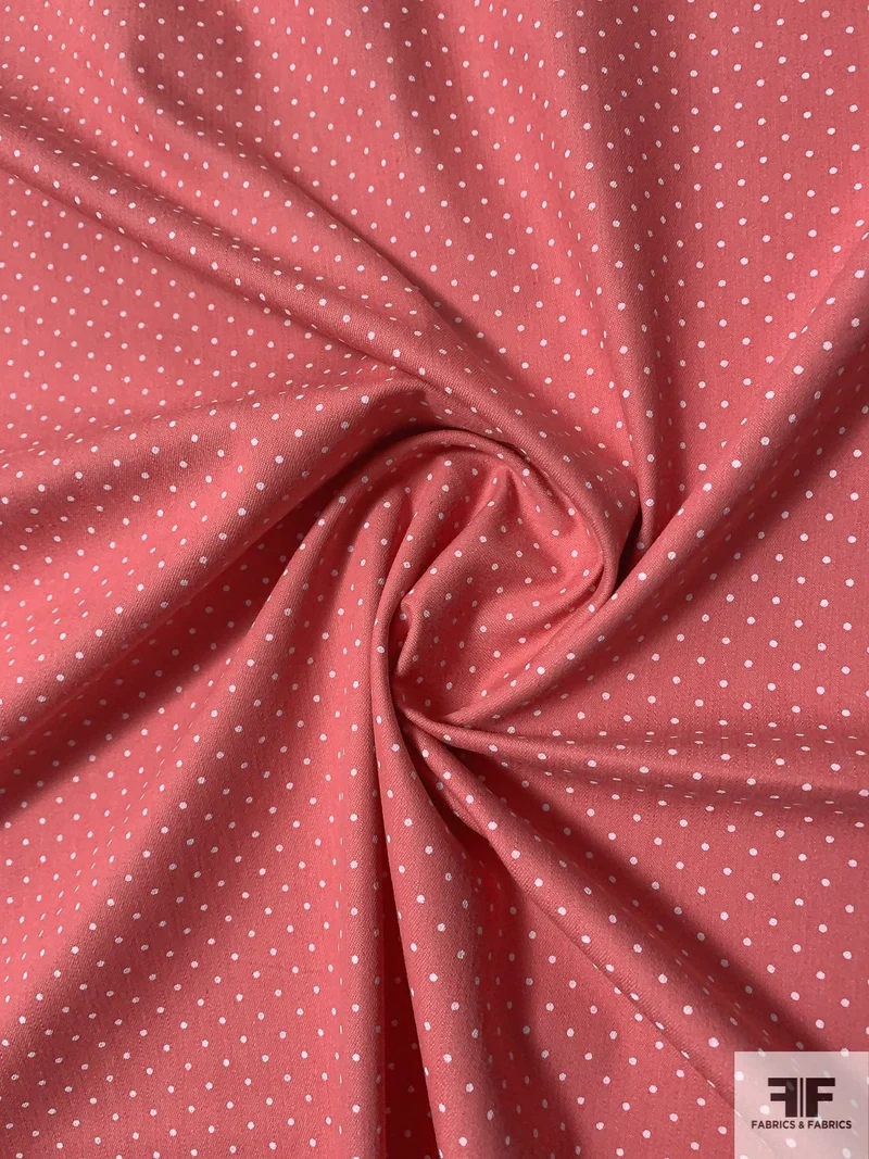 Pin Dot Printed Lightweight Stretch Cotton Denim - Dark Salmon / White