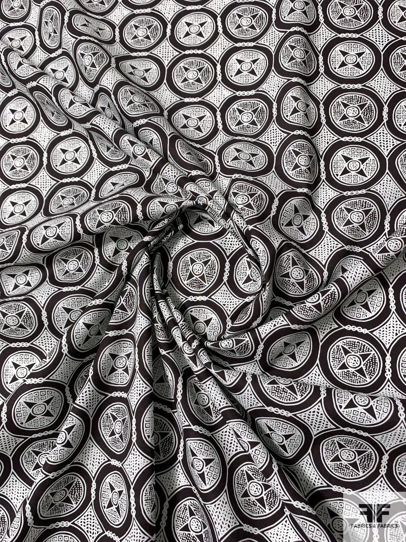 Art Deco Medallion Circles Printed Cotton Shirting - Black / White