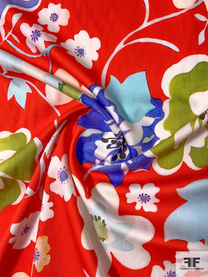 Italian Watercolor Floral Printed Stretch Cotton Pique - Hot Orange / White / Lavender / Light Blue