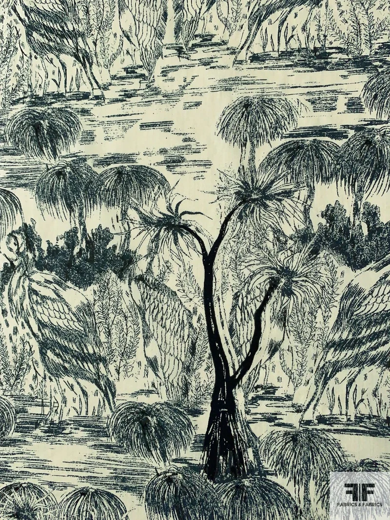 Exotic Toile Printed Stretch Cotton Shirting - Sand / Black