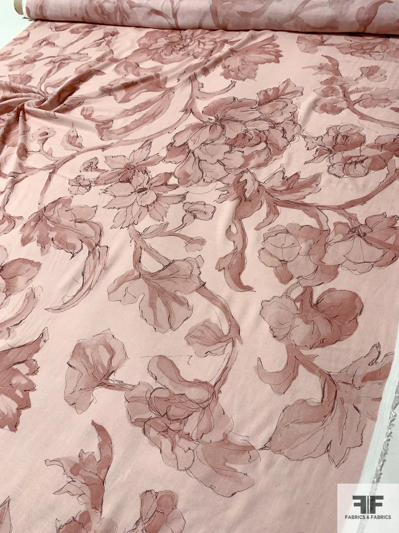 Romantic Watercolor Floral Printed Viscose Challis - Light Dusty Rose